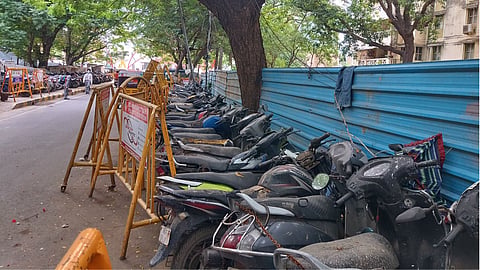 Seized vehicles parked on Srinivasa Perumal Sannathi 2nd Street in the Gopalapuram police quarters area of Royapettah.