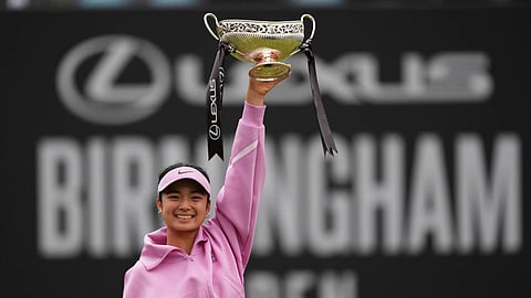 Philippines' Alexandra Eala celebrates winning her women's singles final match against Nikola Bartunkova on day nine of the Lexus Birmingham Open Championships at Edgbaston Priory Club, Birmingham, England.
