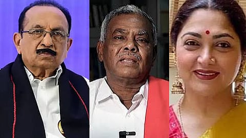(L-R) Vaiko,P Shanmugam, Khushbu