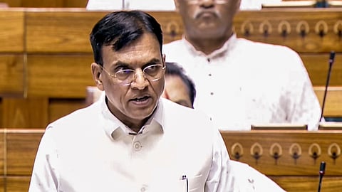 Union Minister Mansukh Mandaviya speaks in the Lok Sabha during the Monsoon session of Parliament, in New Delhi, Monday, Aug. 3, 2026