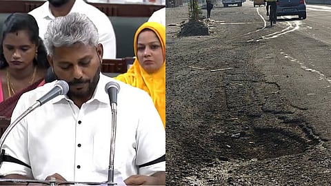 (L) Finance MInister Marie Wilson in Assembly, (R) representative image of a pothole road.