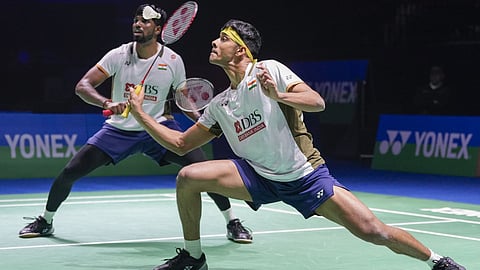 India's Satwiksairaj Rankireddy, left, and Chirag Shetty during the men's doubles round of 16 match against Japan's Hiroki Midorikawa and Kyohei Yamashita at the India Open 2026 badminton tournament, in New Delhi.