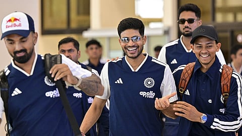 India's captain Shubman Gill, centre, vice captain KL Rahul, left, Yashasvi Jaiswal, front right, and Gurnoor Brar arrive ahead of a Test cricket series against Sri Lanka, in Galle.