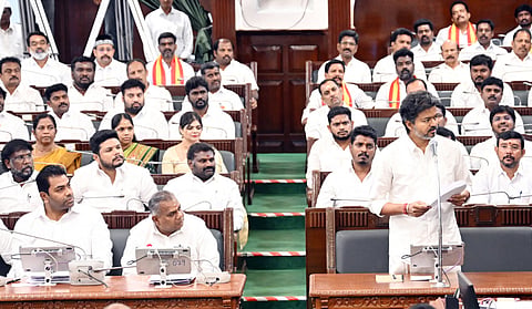 Chief Minister C Joseph Vijay addressing the House on Cauvery, Mekedatu issues on Friday