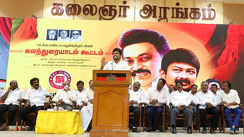 Leader of the Opposition and DMK Youth Wing secretary Udhayanidhi Stalin addressing members of the party's legal wing at Kalaignar Arangam in Anna Arivalayam on Sunday