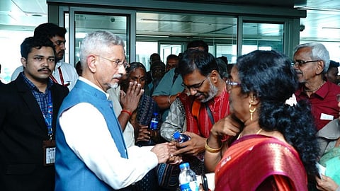External Affairs Minister S Jaishankar greets a group comprising 21 tourists from Tamil Nadu who were rescued from the floods that occurred in Nepal.