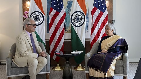 Union Finance MInister Nirmala Sitharaman with Hyatt President and CEO Mark S Hoplamazian during a meeting, in Chicago, USA.