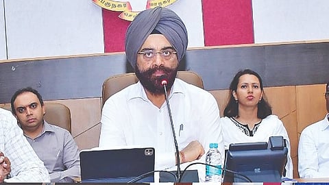 Additional Chief Secretary Gagandeep Singh Bedi addressing officials of various government departments during a review meting held on Saturday