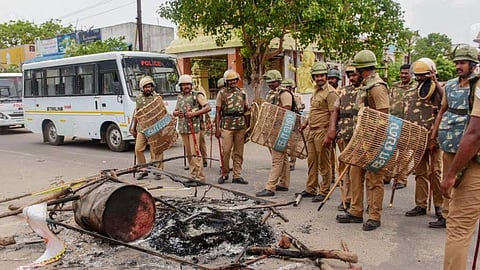 Police personnel deployed after violent protests demanding the closure of Vedanta's Sterlite Copper unit