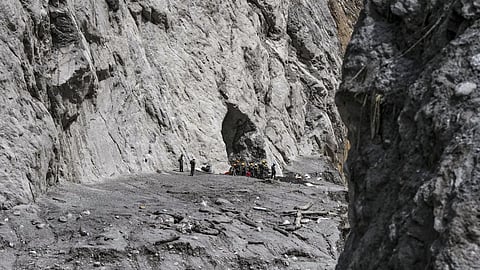 A view of the heavy damage and massive landslide debris following floods caused by incessant rains in the mountainous Rasuwa district of Nepal.