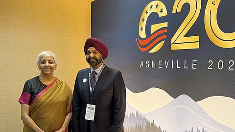 Union Finance Minister Nirmala Sitharaman during a meeting with World Bank Group President Ajay Banga, on the sidelines of the G20 Finance Ministers and Central Bank Governors (FMCBG) Meeting, in Asheville, US.