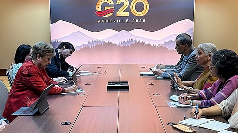 Union Finance Minister Nirmala Sitharaman during a meeting with International Monetary Fund (IMF) Managing Director Kristalina Georgieva, on the sidelines of the G20 Finance Ministers and Central Bank Governors (FMCBG) Meeting, in Asheville, US.