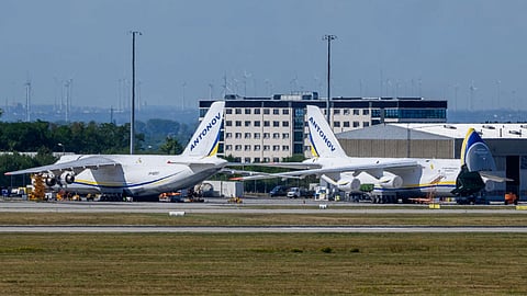 Ukrainian Antonov aircrafts are parked behind a fence on the grounds of Leipzig/Halle Airport, where investigations are underway following the drone incident that occurred early Wednesday morning, in Schkeuditz, Germany.