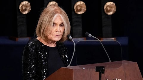 Gloria Steinem speaks during the 2021 Princess of Asturias Awards ceremony in Oviedo, northern Spain.