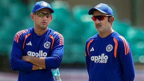India's Coach Gautam Gambhir, right, with Chief Selector Ajit Agarkar, left,