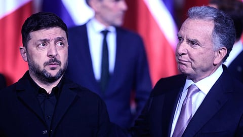 Ukraine's President Volodymyr Zelenskyy, left, and Steve Witkoff, special envoy of the United States, meet at the chancellery in Berlin, Germany, on December 15, 2025.