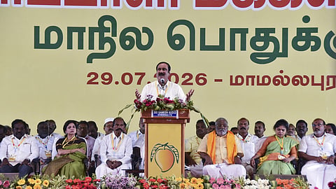 PMK President and MP Anbumani Ramadoss addresses party's state general council meeting, near Mamallapuram, in Chengalpattu district, Tamil Nadu.