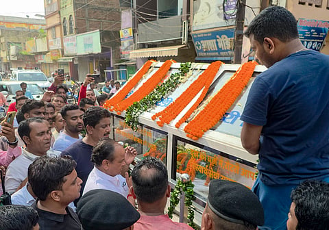 Ranchi: People pay last respect to the mortal remains of Senior JMM leader and state Higher and Technical Education and Urban Development Minister Sudivya Kumar during a procession, in Ranchi, Jharkhand, early Sunday, Sept. 6, 2026. Kumar, 56, died of cardiac arrest at a private hospital in his hometown Giridih, officials said.