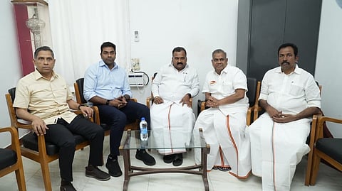 Ministers with TNCC chief Manickam Tagore at Satyamurthy Bhavan on Saturday