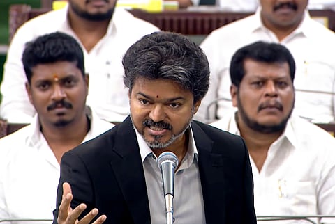 Tamil Nadu Chief Minister C Joseph Vijay addresses the Legislative Assembly during a debate on demand for grants for the Police, Fire and Rescue Services Department, in Chennai.