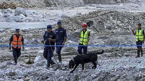 Nepal Police personnel conduct search and rescue operation following the devastating flash floods on August 26th, in Nepal.