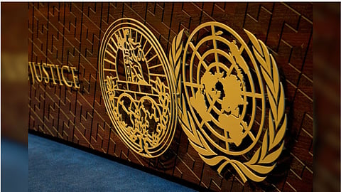 The logo of the International Court of Justice displayed on the judges’ bench, in The Hague, Netherlands.
