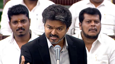 Tamil Nadu Chief Minister C Joseph Vijay addresses the Legislative Assembly during a debate on demand for grants for the Police, Fire and Rescue Services Department, in Chennai.