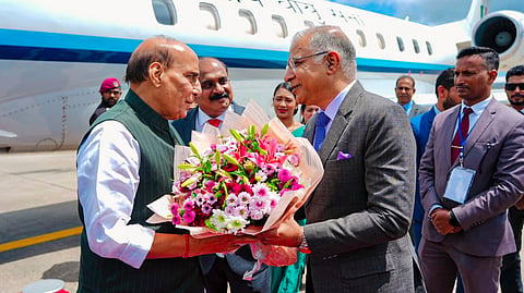 Defence Minister Rajnath Singh is received by Sri Lanka's Deputy Minister of Defence Maj Gen Aruna Jayasekara (Retd.) upon his arrival at Bandaranaike International Airport, in Colombo, Sri Lanka.