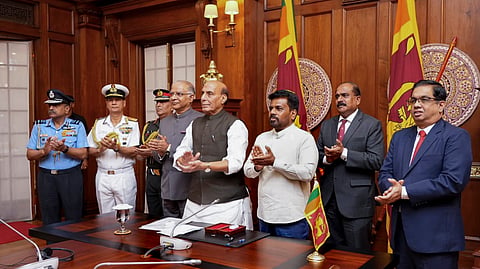 Defence Minister Rajnath Singh being greeted by Sri Lankan President Anura Kumara Dissanayake, in Colombo, Sri Lanka.