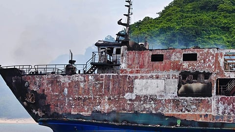 Remains of ferry MV June Aster that caught fire off Palawan province, western Philippines
