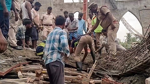Rescue operation underway after the roof of an under-construction church collapsed, near Katpadi, Vellore