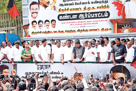 DMK principal secretary KN Nehru leading the party’s protest in Tiruchy on Saturday