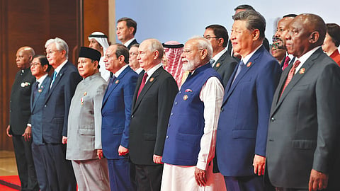 PM Modi with Russia’s Vladimir Putin, China’s Xi Jinping, Kazakhstan’s Kassym-Jomart Tokayev, Indonesia’s Prabowo Subianto and Egypt’s Abdel Fattah el-Sisi, at Bharat Mandapam on Sunday