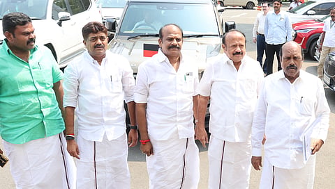 DMK whip EV Velu with party members in the Assembly on Tuesday