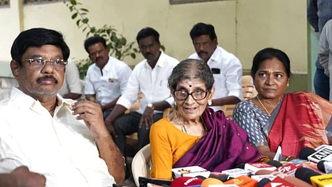 Rukmani Palanivelrajan addressing the media on Tuesday.