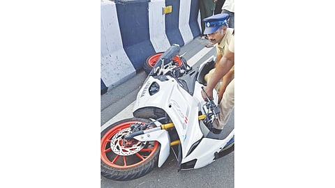 The two-wheeler that crashed into side barrier of Kathipara flyover and plunged 30 ft down