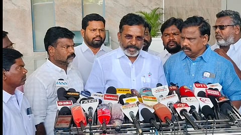 VCK chief Thirumavalavan addressing the media in Tiruchy on Tuesday