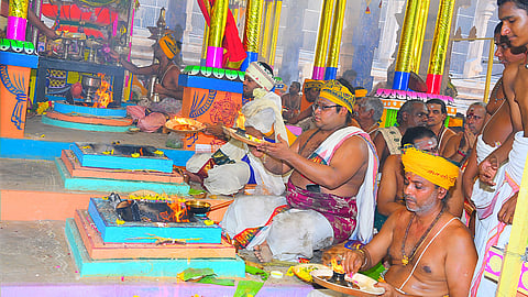 Yagasala puja being held as part of Kumbabhishekam preparations at the Meenakshi Sundareswarar Temple on Tuesday
