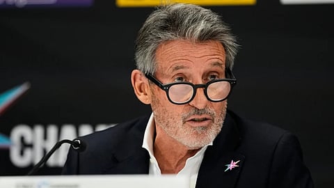 World Athletics President Sebastian Coe speaks during a news conference marking the formal opening of the World Athletics Ultimate Championship in Budapest, Hungary.