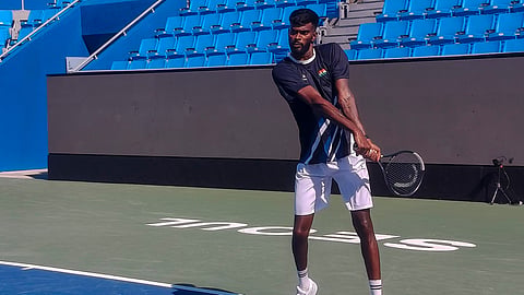 India's tennis player Dhakshineswar Suresh during practice for the Davis Cup tie against South Korea, in Seoul, Tuesday, Sept. 15, 2026.