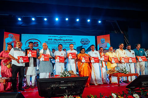 BJP national general secretary (org) BL Santhosh on Thursday released a coffee-table book showcasing various schemes and initiatives of the Modi government at an event held at Vani Mahal in T Nagar
