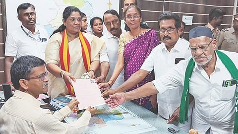 P Sathyabama files her nomination for Dharapuram on Wednesday