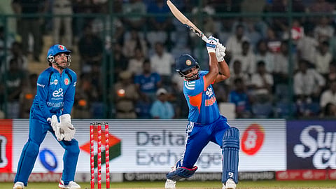 India's Sanju Samson plays a shot during the third and final T20I cricket match between India and Afghanistan