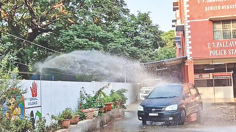 Water gushing from breached pipe in Pallavaram on Thursday