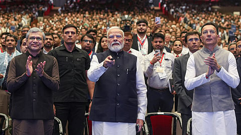 Prime Minister Narendra Modi inaugurates SEMICON India 2026, at Yashobhoomi, in New Delhi. Union Minister Ashwini Vaishnaw and MoS Jitin Prasada are also present.