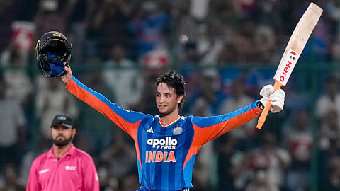 India's Abhishek Sharma reacts after his century during the third and final T20I cricket match between India and Afghanistan, in New Delhi