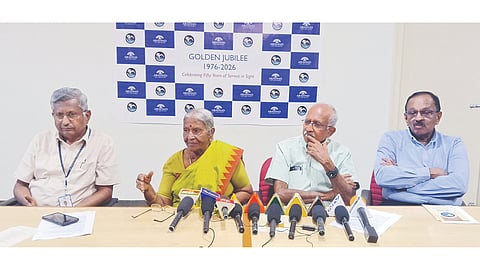 Aravind Eye Hospital chairman Dr RD Ravindran, director Dr G Nachiar and others address the media on Friday