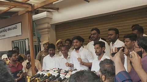 HR and CE minister S Ramesh addressing the reporters in Tiruchy on September 19.