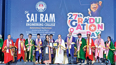 Assembly Speaker confers degree upon one of the graduates at Sri Sairam Engineering College in Tambaram.