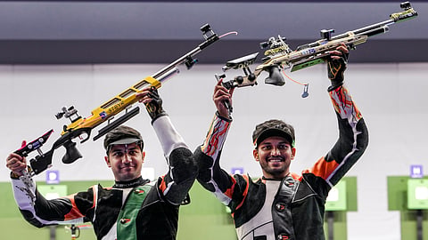 India's Rudrankksh Patil, right, wins bronze medal and Himanshu Dhillon wins Silver medal in the 10 meter rifle men individual event in the ongoing 20th Asian Games 2026, in Nagoya, Japan, Monday, Sept. 21, 2026.
